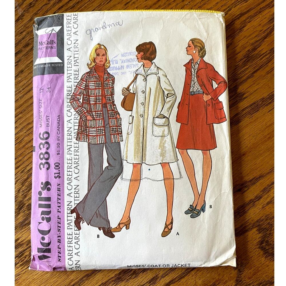 Vintage 1970s McCalls 3836 Sewing Pattern Size S Womens Coat Jacket COMPLETE